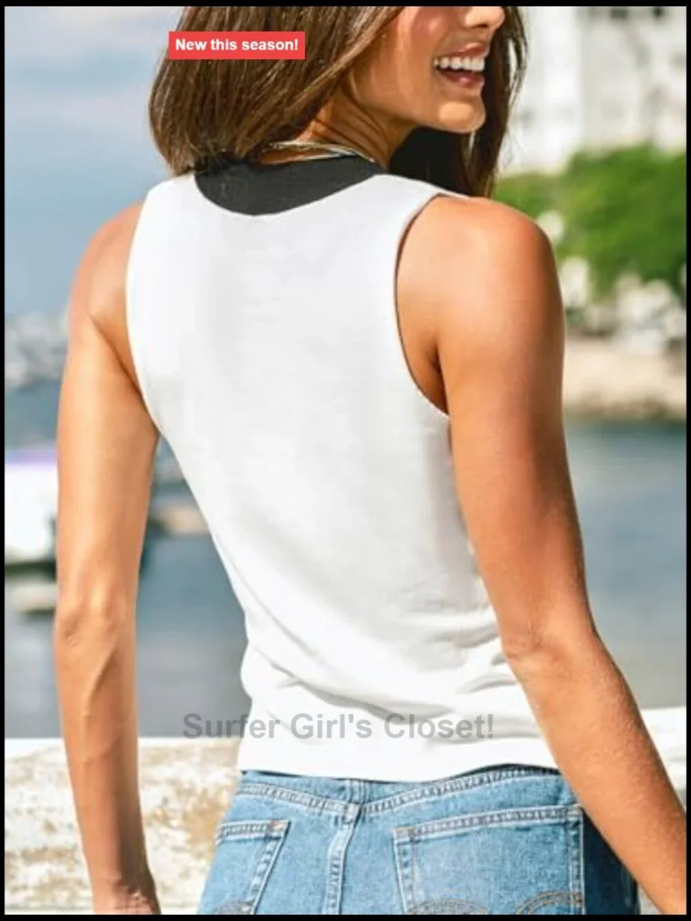 Women's Sleeveless Knit Tank Top with Gold Buttons & Contrast Trim